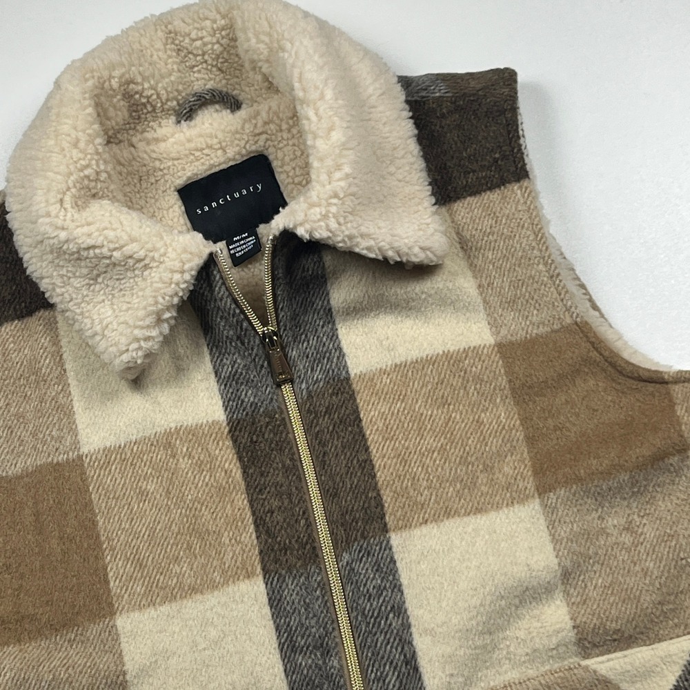 Sanctuary Plaid Wool Blend Faux Fur Collar Zip Up Vest Size M Tan Brown Sherpa